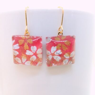 Square Glass Earrings _ Sakura White & Gold Flower In Red