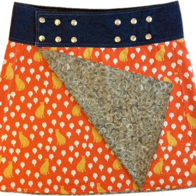 Women’s Reversible Wrap Skirt – Orange With Leopard / Grey With Butterfly – Short Length