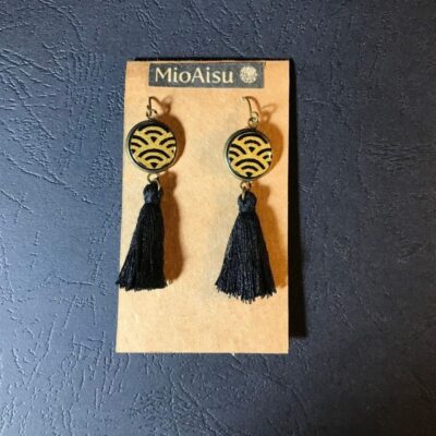 Short Tassel Earrings(black And Gold Wave Patterns + Black Tassels)