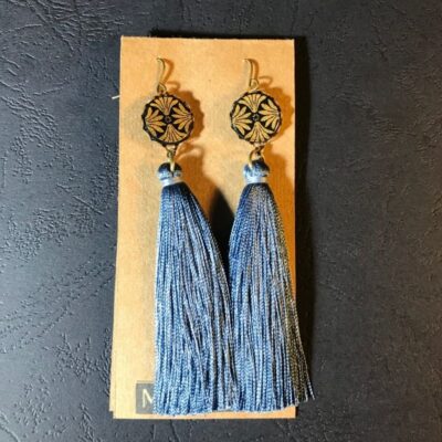 Long Tassel Earrings(black And Gold Patterns + Greyish Blue Tassels) (Copy)
