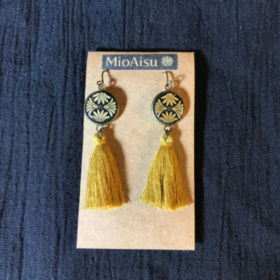 Short Tassel Earrings(black And Gold Patterns + Mustard Yellow Tassels)