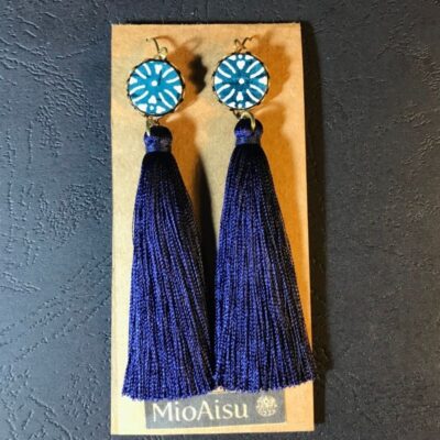 Long Tassel Earrings(teal Blue Patterns + Navy Tassels)