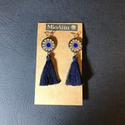 Short Tassel Earrings(gold And Navy Mosaic Pattern + Navy Tassels)