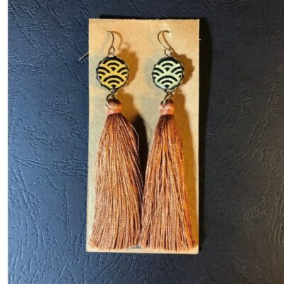 Long Tassel Earrings(gold And Wave Patterns + Rusty Orange Tassels)
