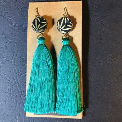 Long Tassel Earrings(black And Gold Flower Patterns + Teal Green Tassels)