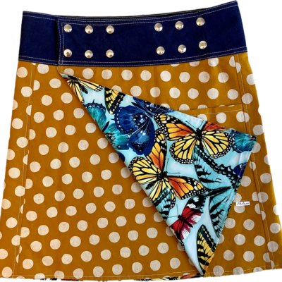 Women’s Reversible Wrap Skirt – Mustard With Cream Dot / Light Blue With Butterflies