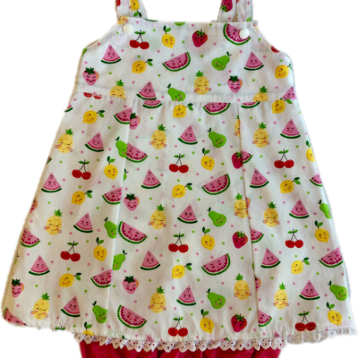 Baby Girls Romper Set – Fruit With Dark Pink Check Bloomers Size 18 Mth Only