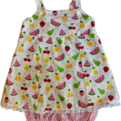 Baby Girls Romper Set – Fruit With Pink &white Check Bloomers Size 3-6 Mths Only